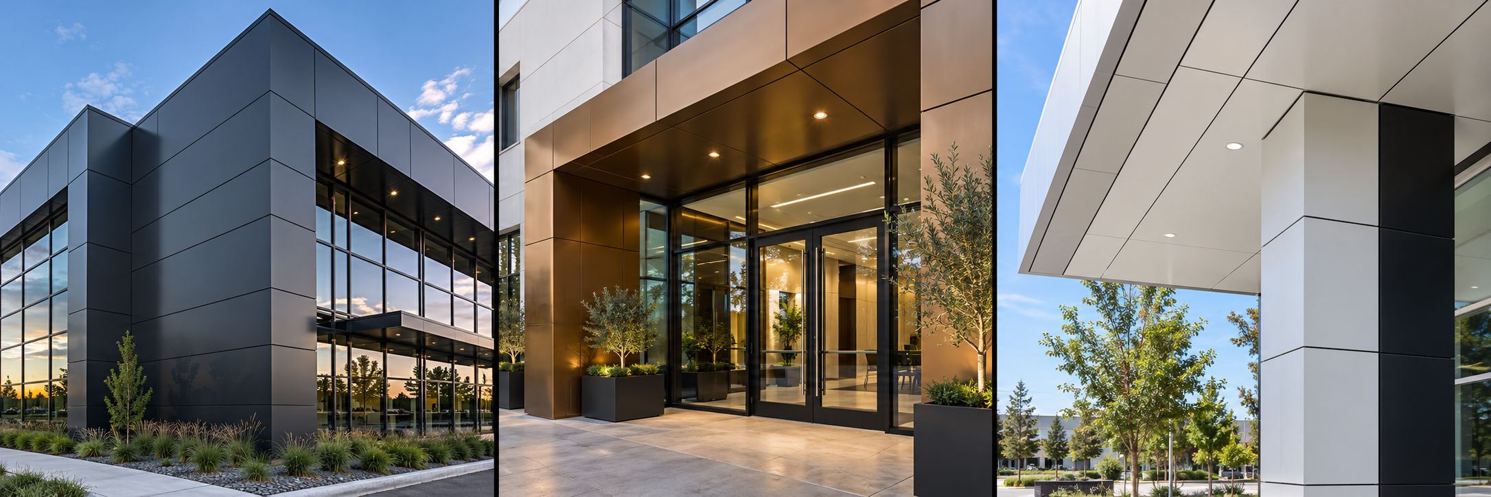 Three examples of ACM panel applications on commercial building exteriors