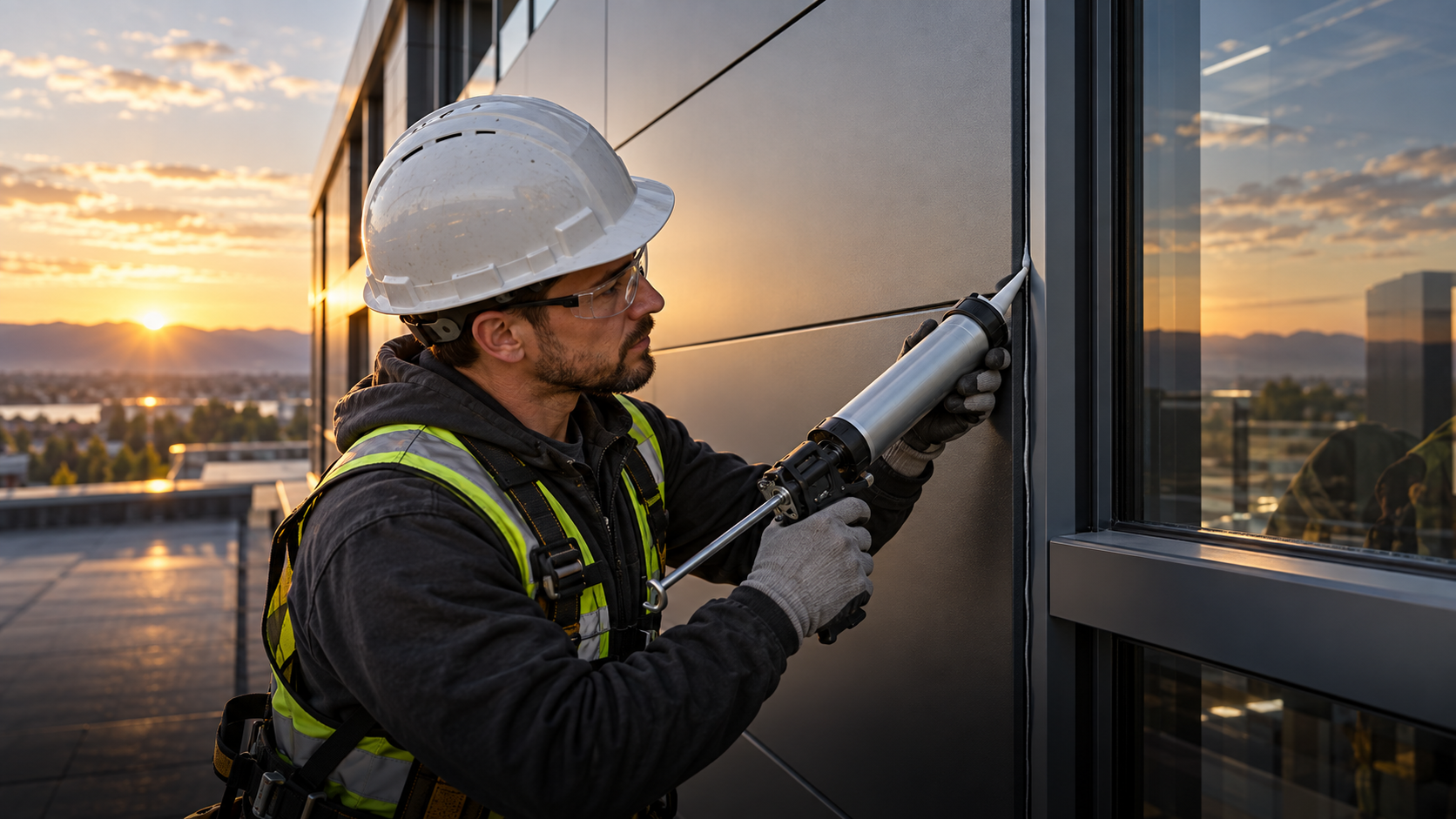 Professional applying caulking along an exterior building joint