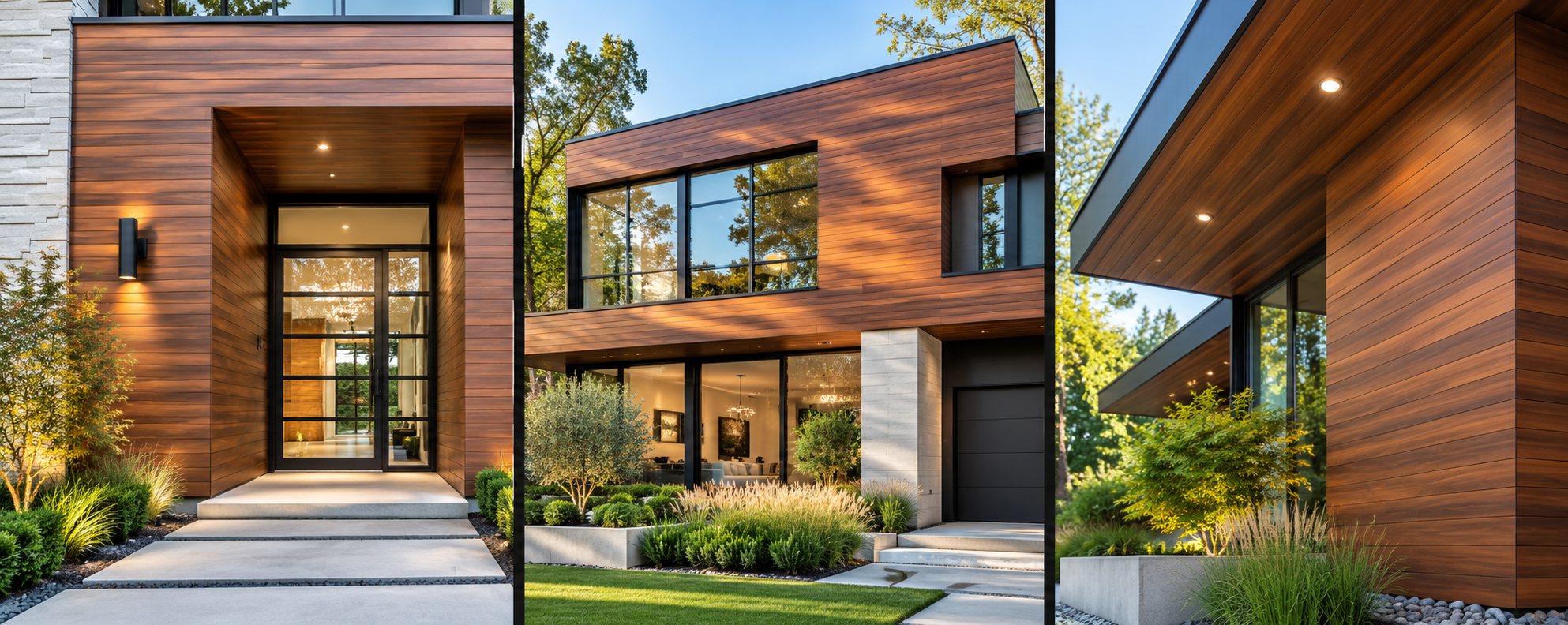 Three elegant homes featuring Lombard wood-look exterior panels